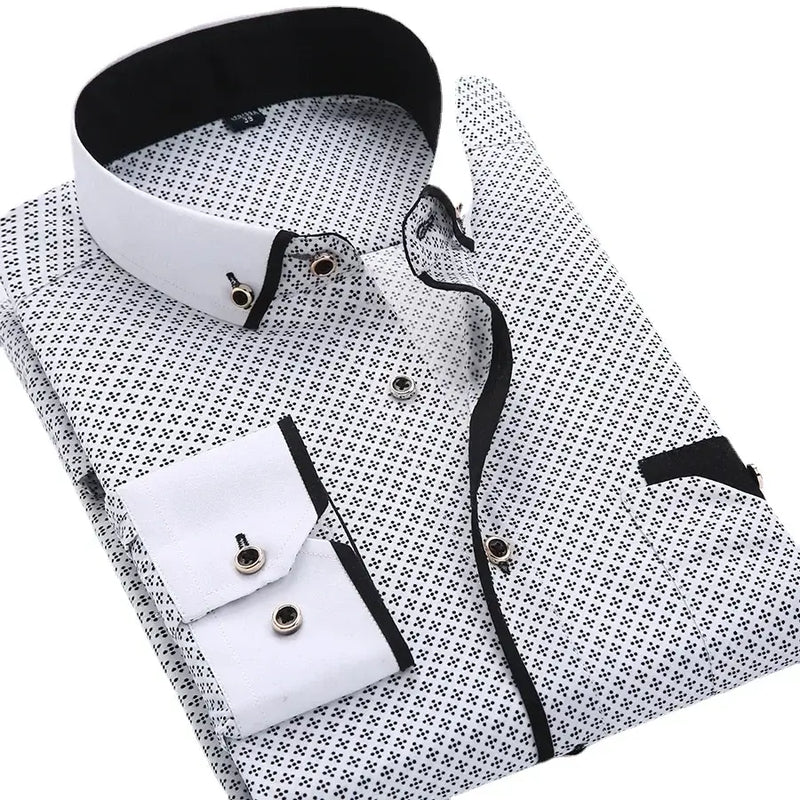 Men's floral button-down shirt, black trim, casual slim fit, high-quality cotton blend for spring and autumn wear.