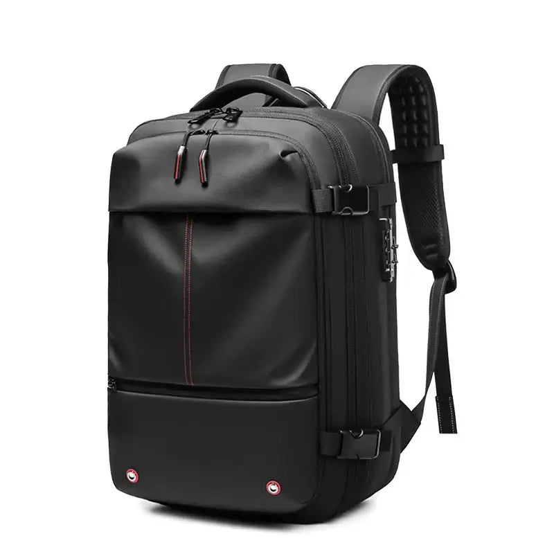 Large capacity men's travel backpack in black for 17-inch laptops, ideal for business, school, and hiking.