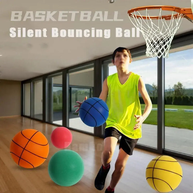 Boy playing with silent bouncing foam basketballs in a bright indoor space, showcasing vibrant colors and easy grip.