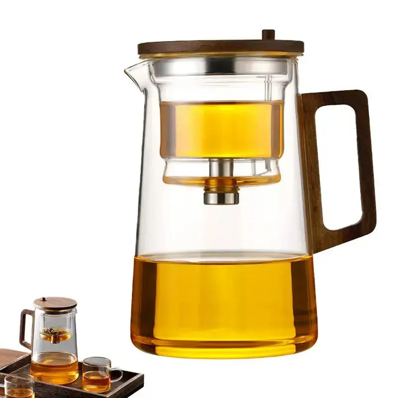 Heat-resistant glass teapot with removable infuser and wooden lid for brewing tea.