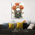 Scary skull surrounded by red flowers in a solid wood frame for unique bedroom home decor.