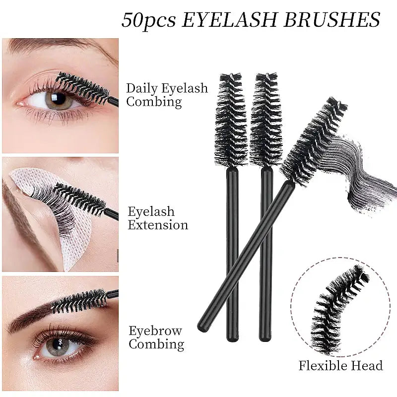 50 Pcs disposable eyelash brushes for daily combing, eyelash extensions, and eyebrow grooming with a flexible head.