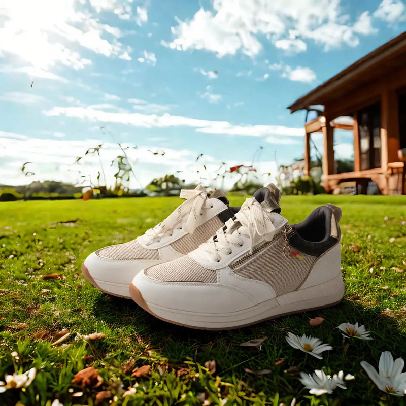 TMA EYES women's casual sports shoes in a natural outdoor setting, featuring lace-up design and a comfortable mid heel.