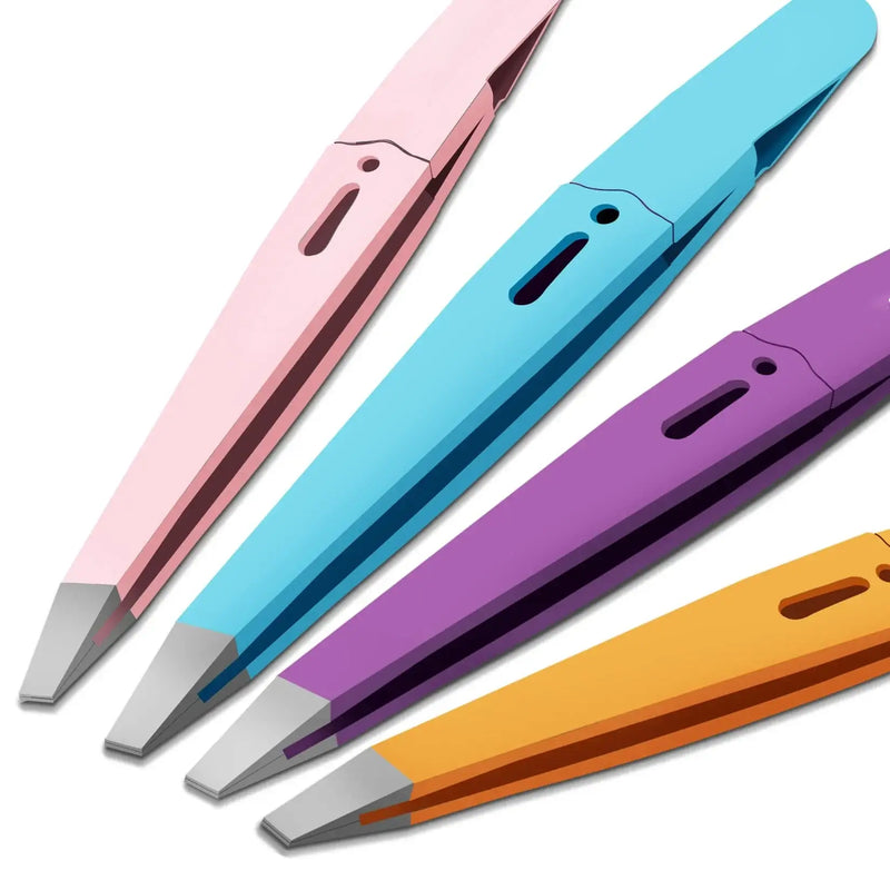 Colorful stainless steel eyebrow tweezers in pink, blue, purple, and orange for precise hair removal and makeup application.