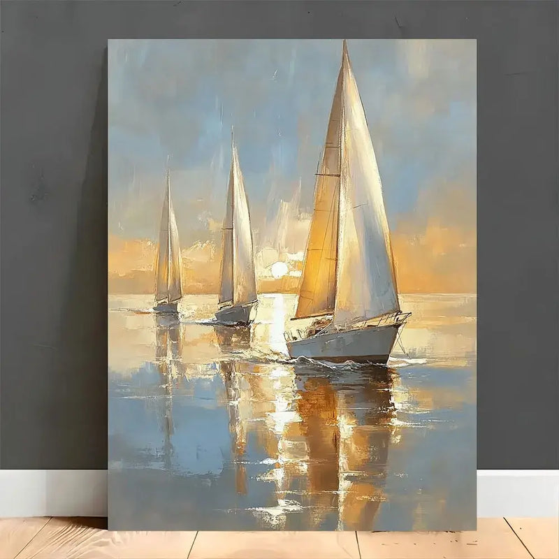 Charming pastel sailing boat canvas art featuring three boats at sunset, framed in wood, ideal for home decor and gifting.