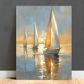 Charming pastel canvas art of sailing boats at sea, framed in wood, perfect for home decor and gifts.