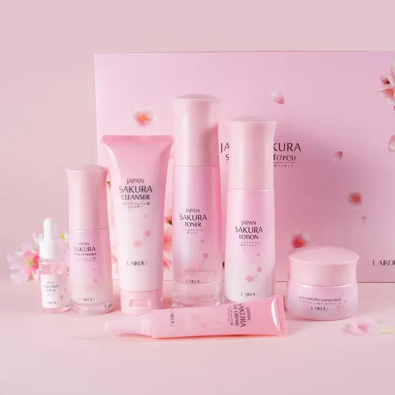 7pcs LAIKOU Cherry Blossoms Face Skin Care Repairing Anti-Aging Anti-Wrinkle Moisturizing Whitening Face Tonic Cream Gift Set