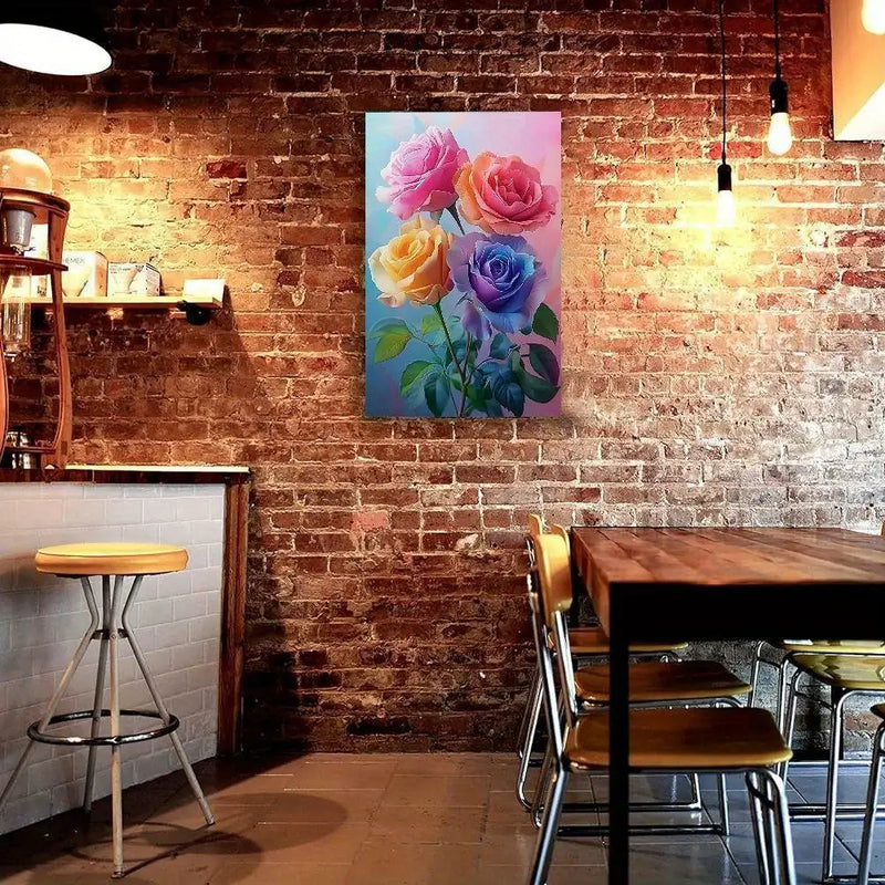 Colorful canvas painting of roses in a rustic cafe setting, ideal for home or office decor.