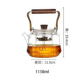 Japanese glass teapot with copper wood handle and tea infuser, 1150ml capacity, heat resistant design for brewing tea.