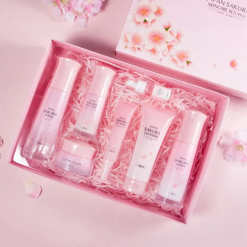 7pcs LAIKOU Cherry Blossoms Face Skin Care Repairing Anti-Aging Anti-Wrinkle Moisturizing Whitening Face Tonic Cream Gift Set