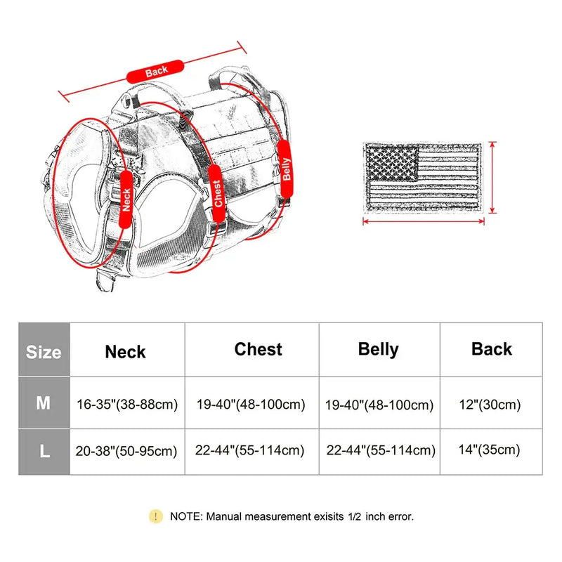 Size chart for Tactical Military Dog Harness showing neck, chest, belly, and back measurements for medium and large dogs.