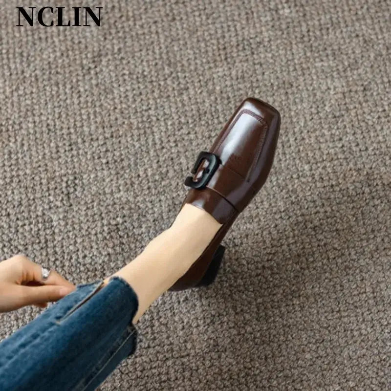 Brown chunky heel women pumps with square toe and belt buckle, perfect for spring and autumn styles.