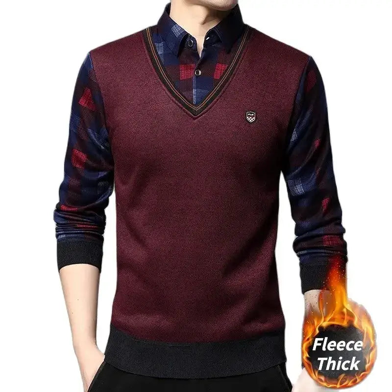 Men's long sleeve fleece thick sweater with V-neck and plaid shirt collar, casual autumn winter style.