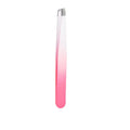 Stainless steel eyebrow tweezer with slant tip and pink gradient design, ideal for precise makeup application.