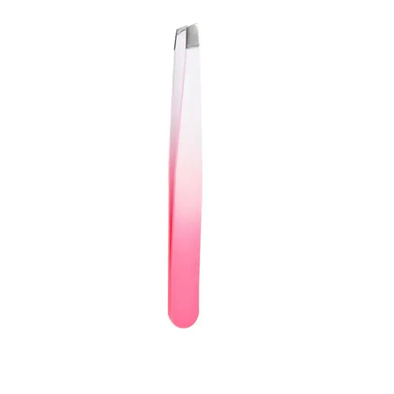 Stainless steel eyebrow tweezer with slant tip and pink gradient design, ideal for precise makeup application.