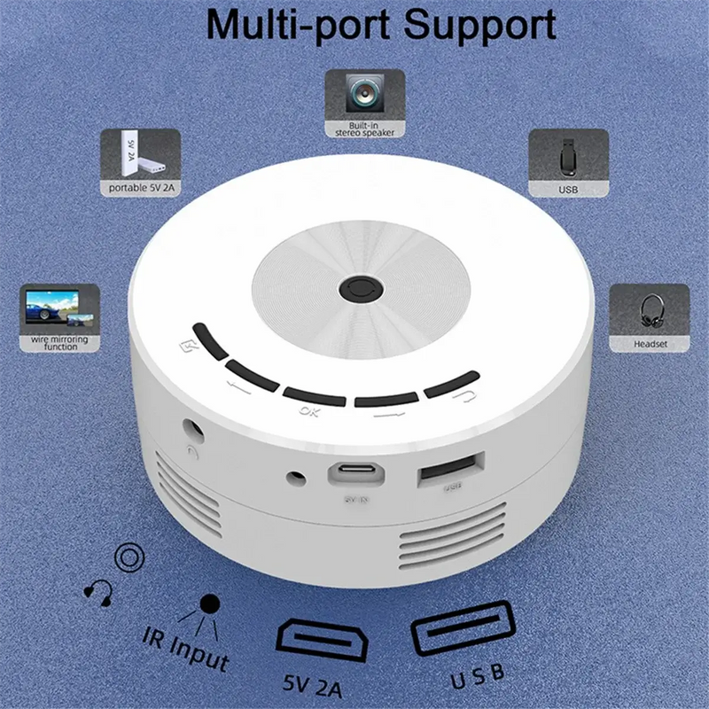 YT200 Mini Projector features multi-port support with USB, headphone, and IR input for versatile audio-visual connections.