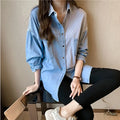 Spring women's loose fit denim shirt with long sleeves, casual style, featuring a turn-down collar and patchwork design.