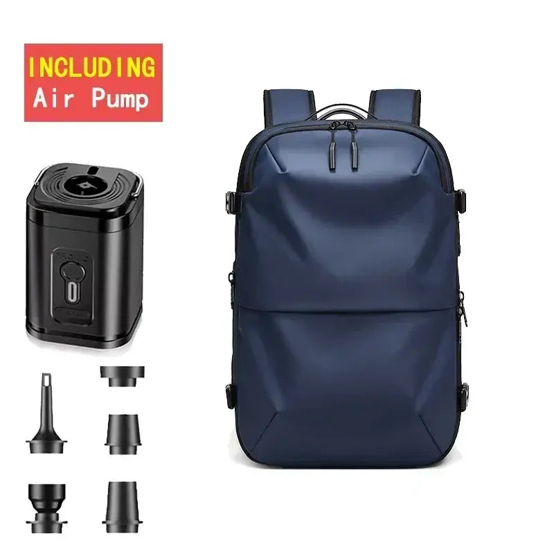 Men's navy casual backpack with air pump, ideal for travel and featuring expandable storage for convenience.