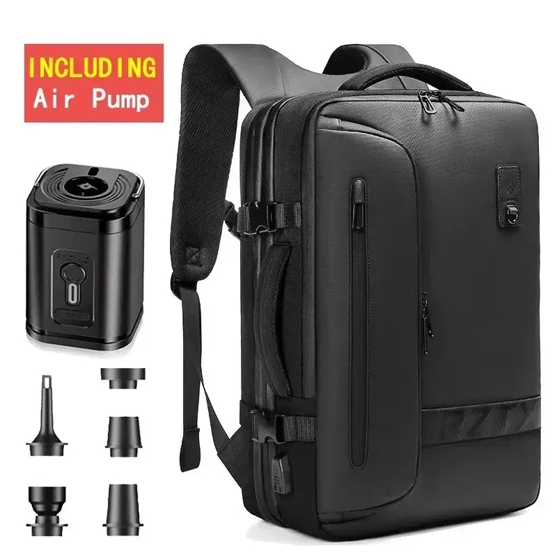 Men's casual backpack with air pump for travel, featuring expandable storage and waterproof design.