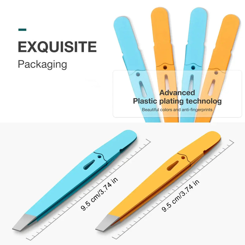 Colorful stainless steel eyebrow tweezers in blue and yellow, showcasing advanced plastic plating technology.