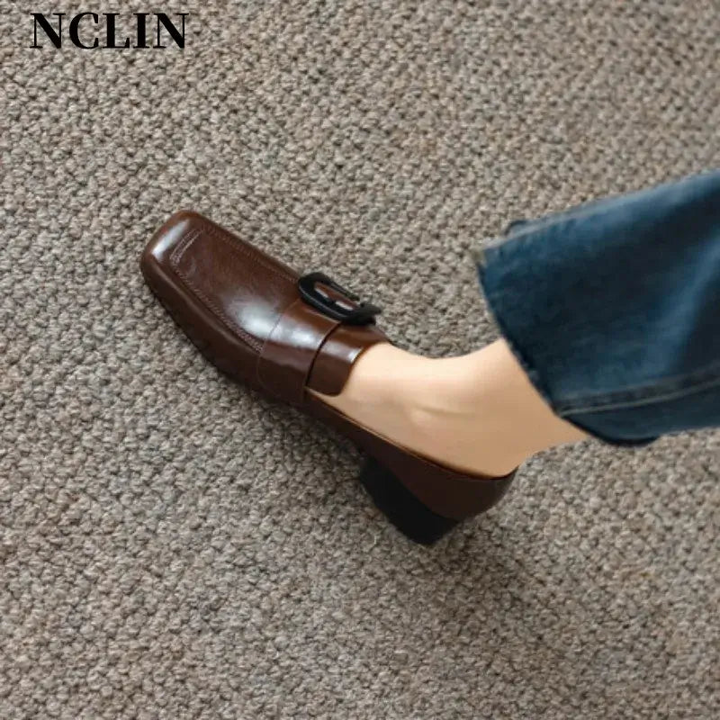 Brown chunky heel women pumps with square toe and belt buckle by NCLIN, perfect for spring and autumn fashion.