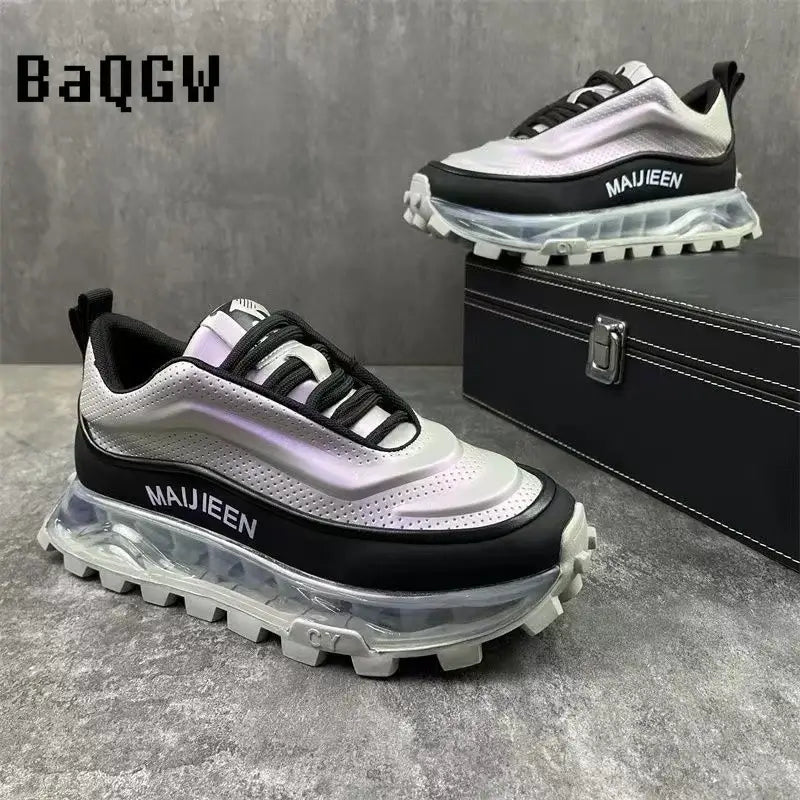 BaQGW men's chunky sneakers featuring a breathable mesh upper, lace-up closure, and thick clear sole in a stylish color block design.