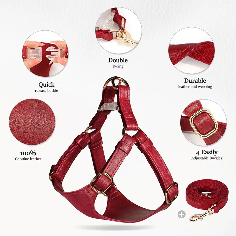 Red PU leather dog harness with adjustable buckles and leash, featuring durable design and quick release buckle.