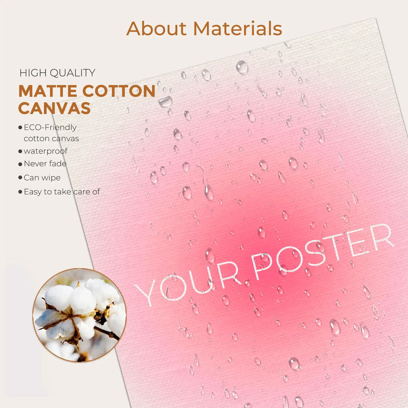 Poster details showcasing matte cotton canvas material with waterproof features and easy care instructions.