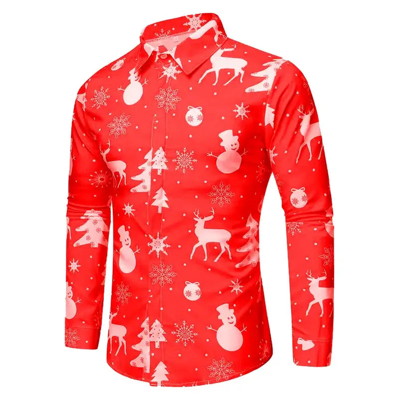 Red long sleeve casual shirt with Christmas snowman, reindeer, and tree print, perfect for holiday parties.