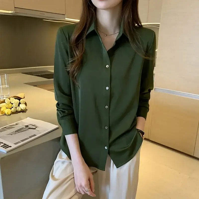 Satin women's long sleeve button-up blouse in olive green, stylish for casual or office wear.