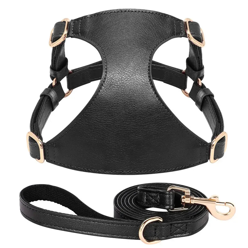 Black PU leather dog harness and leash set for small to medium dogs, adjustable and durable for comfortable walking.