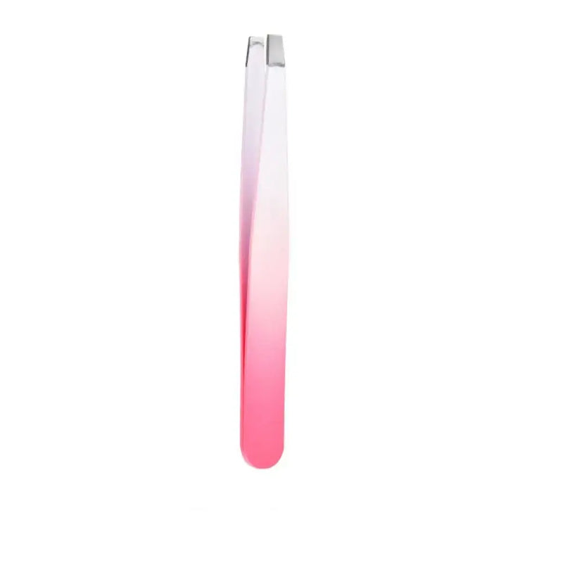 Stainless steel eyebrow tweezers with a pink gradient design, ideal for precise eyebrow shaping and makeup application.