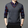 Men's long sleeve sweater shirt in grey with plaid shirt sleeves, perfect for casual autumn and winter wear.