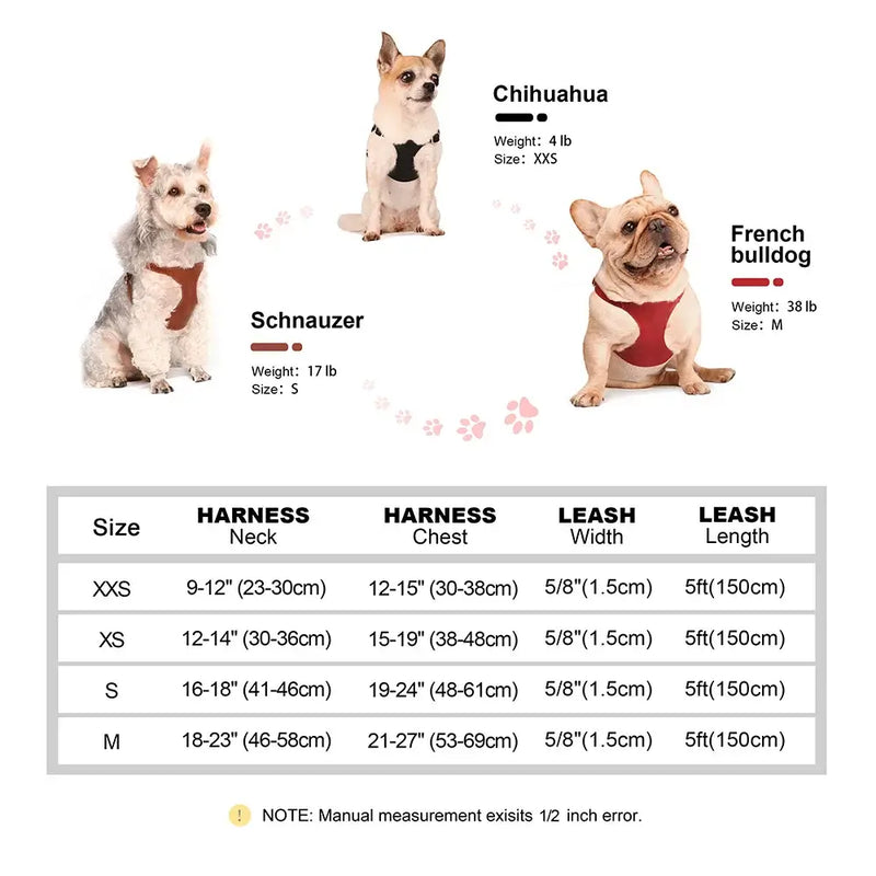 Size chart for PU leather dog harness with Chihuahua, Schnauzer, and French Bulldog. Includes harness neck, chest sizes, and leash length.