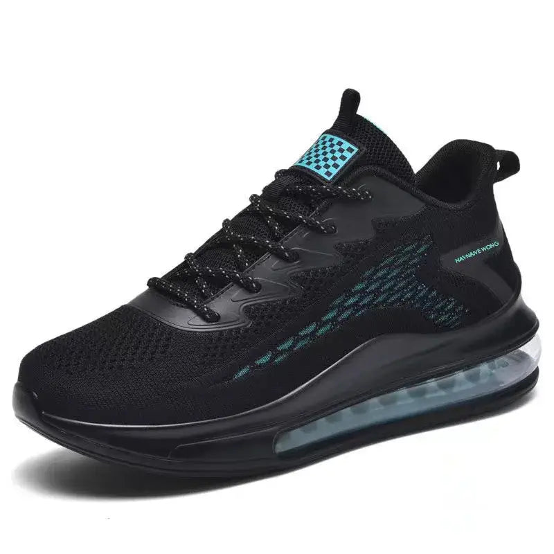 Stylish black breathable men's leisure sneakers with cushioned sole for running and casual wear.