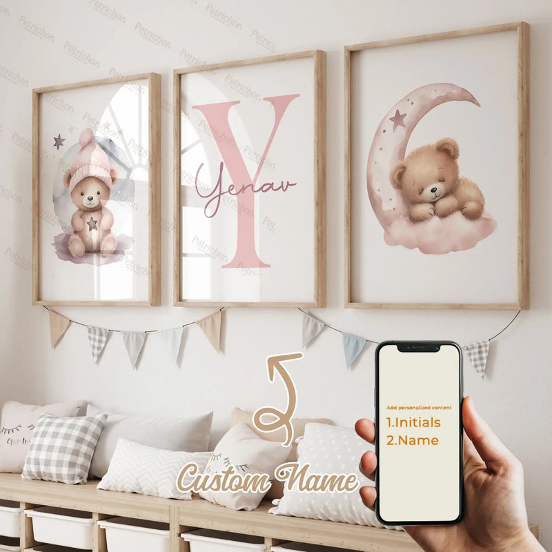 Custom kids wall art prints featuring pink sleeping bear and initial, perfect for nursery decor.