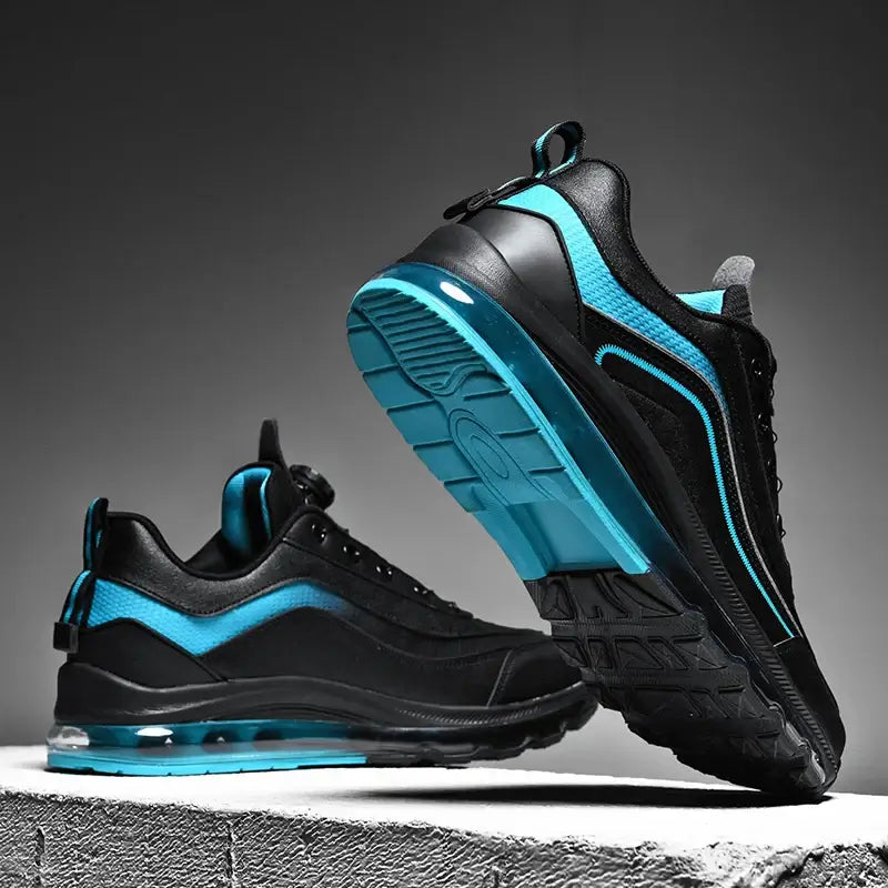 Men's breathable luxury sneakers with black and turquoise design, featuring a cushioned sole and stylish lace-up closure.