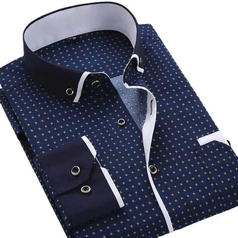 Navy floral button-down shirt with contrasting collar, featuring a slim fit and full sleeves, perfect for casual occasions.