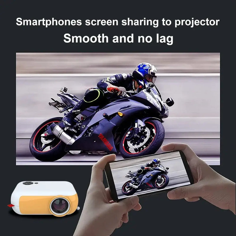 Smartphone screen sharing with Yinzam A10 projector showing a motorbike on screen, emphasizing smooth performance.