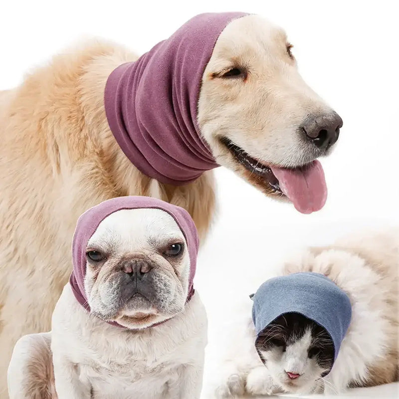 Two dogs and a cat wearing calming ear covers, showcasing colorful soft headscarves for pet grooming.