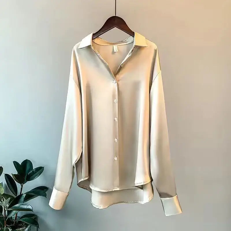 2024 Spring women's satin knitted cardigan, casual long sleeve shirt with lapel and buttons, stylish and elegant.