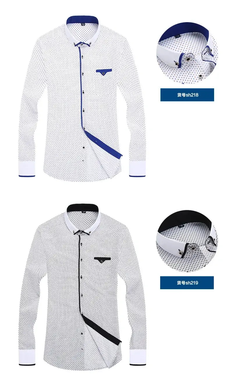 Floral button down shirt for men, featuring unique print, long sleeves, smart casual style with blue and black accents.