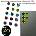 Samsung Galaxy S24 Ultra camera lens protector set featuring luminous ceramic covers in various colors.