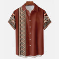 Casual brown short sleeve shirt for men featuring a tribal patterned design and stylish collar.