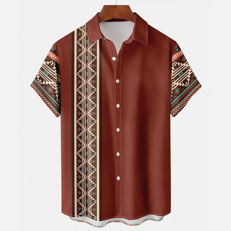 Casual brown short sleeve shirt for men featuring a tribal patterned design and stylish collar.