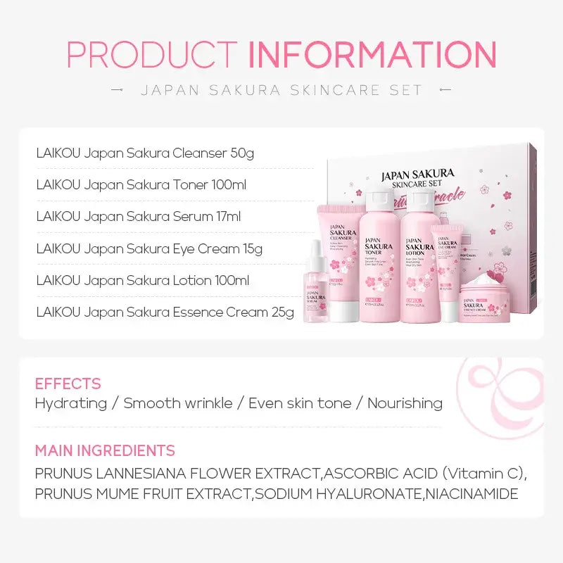 6pcs/set Laikou Sakura Skin Care Sets Facial Cleanser Eye Creams Face Cream Serum Lotion Toner Moisturizing Face Care Kit