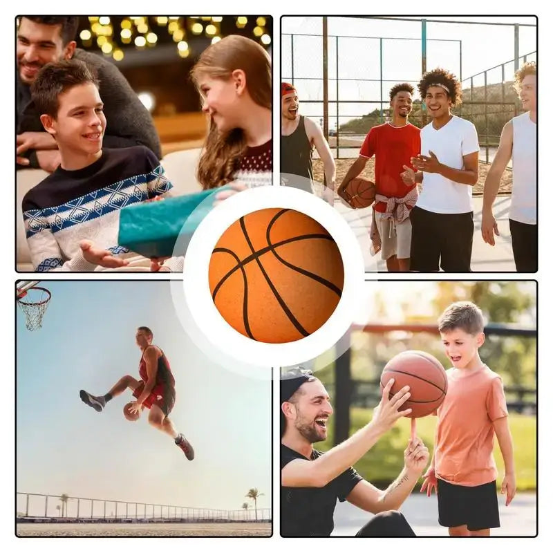 Collage of kids and adults enjoying basketball activities, featuring a foam basketball and fun gameplay moments.