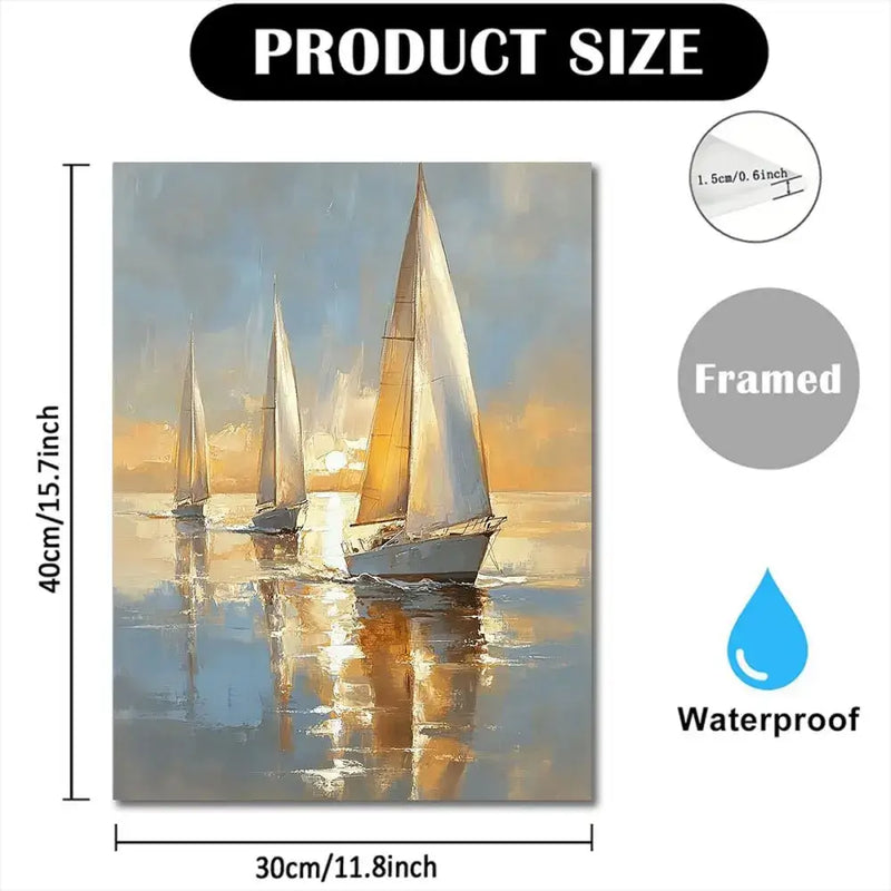 Charming sailing boat canvas art in soft pastels, framed, perfect for home decor and gifts, waterproof design.