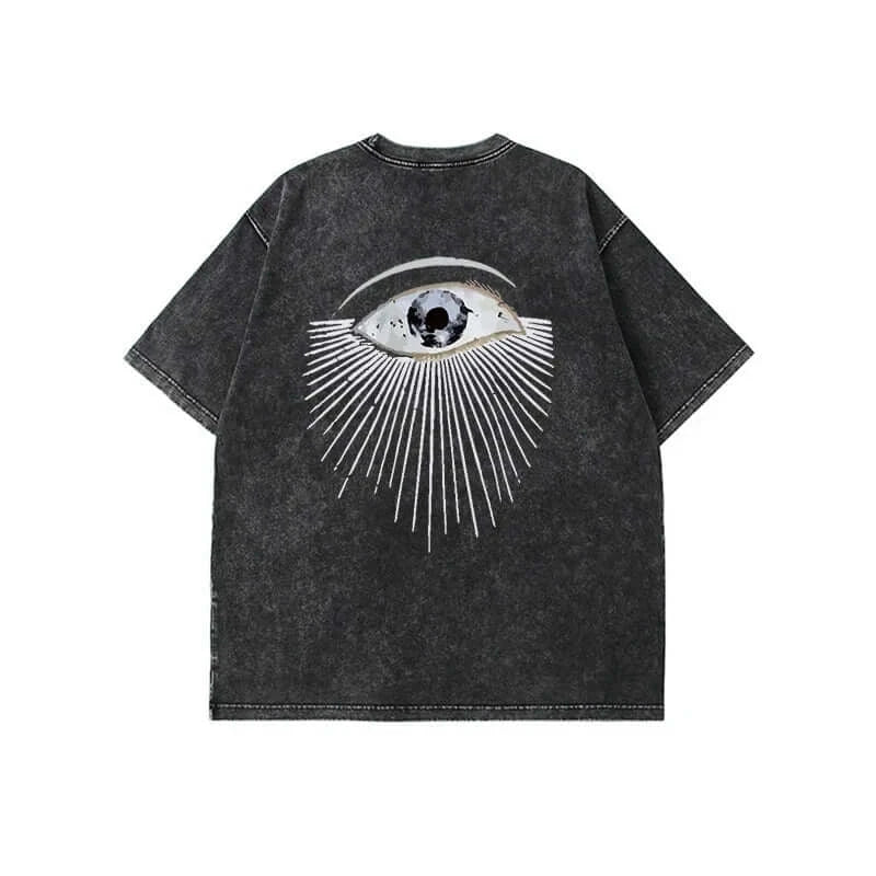 Oversized black T-shirt with eye graphic design and rays, featuring a vintage style and loose fit.