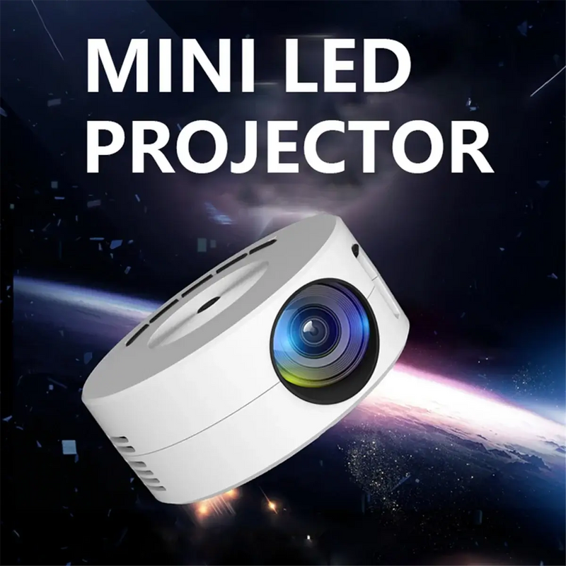 YT200 Mini LED projector showcasing its design and lens against a cosmic background, ideal for portable media viewing.